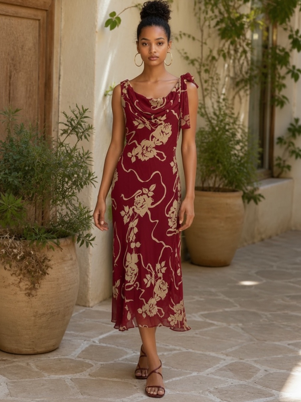 Burgundy Floral Pearl Embellished Cowl Neck Midi Dress | Size Medium